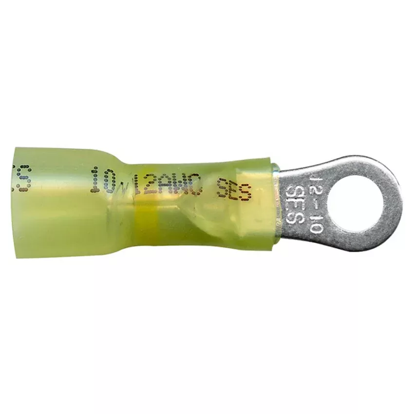 Heat Shrink & Crimp Yellow Long Neck Ring Terminal 12-10 Gauge #10 Stud - 10 or 100 Pack