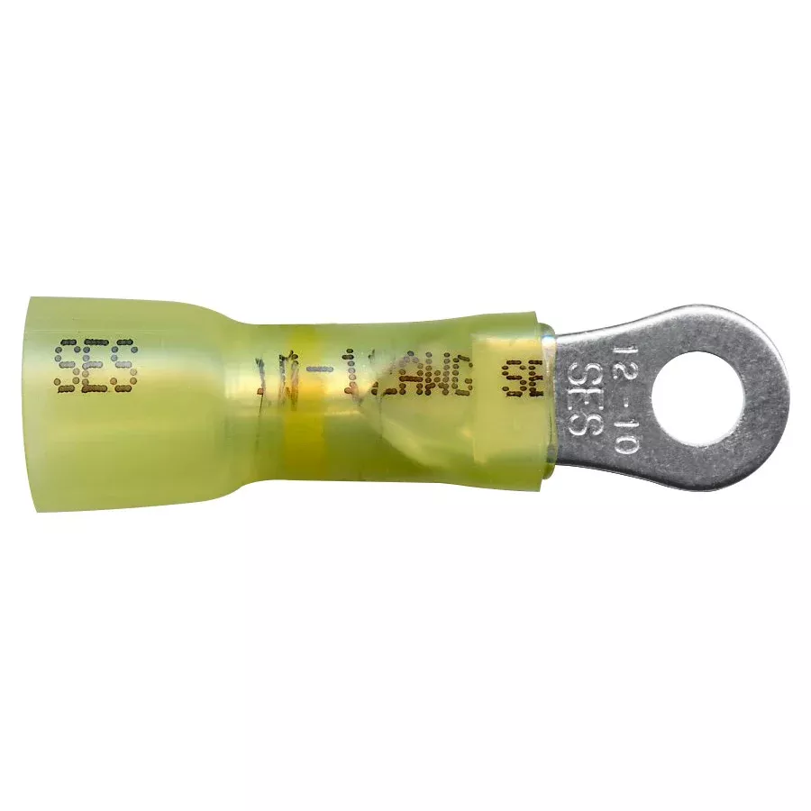 Heat Shrink & Crimp Yellow Long Neck Ring Terminal 12-10 Gauge #8 Stud - 10 or 100 Pack