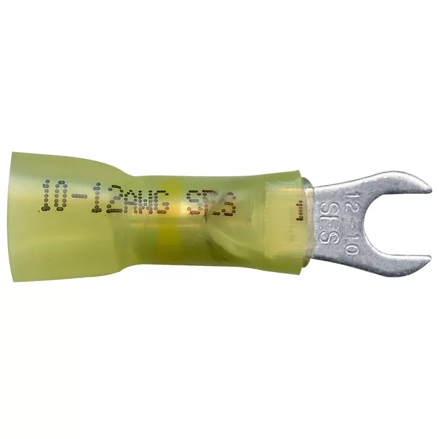Heat Shrink & Crimp Yellow Long Neck Spade Terminal 12-10 Gauge #10 Stud - 10 or 100 Pack
