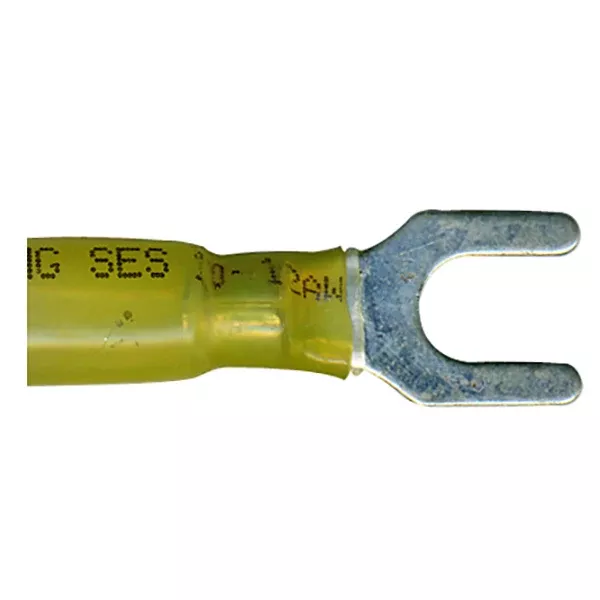 Heat Shrink & Crimp Yellow Spade Terminal 12-10 Gauge #10 Stud - 10 to 500 Pack