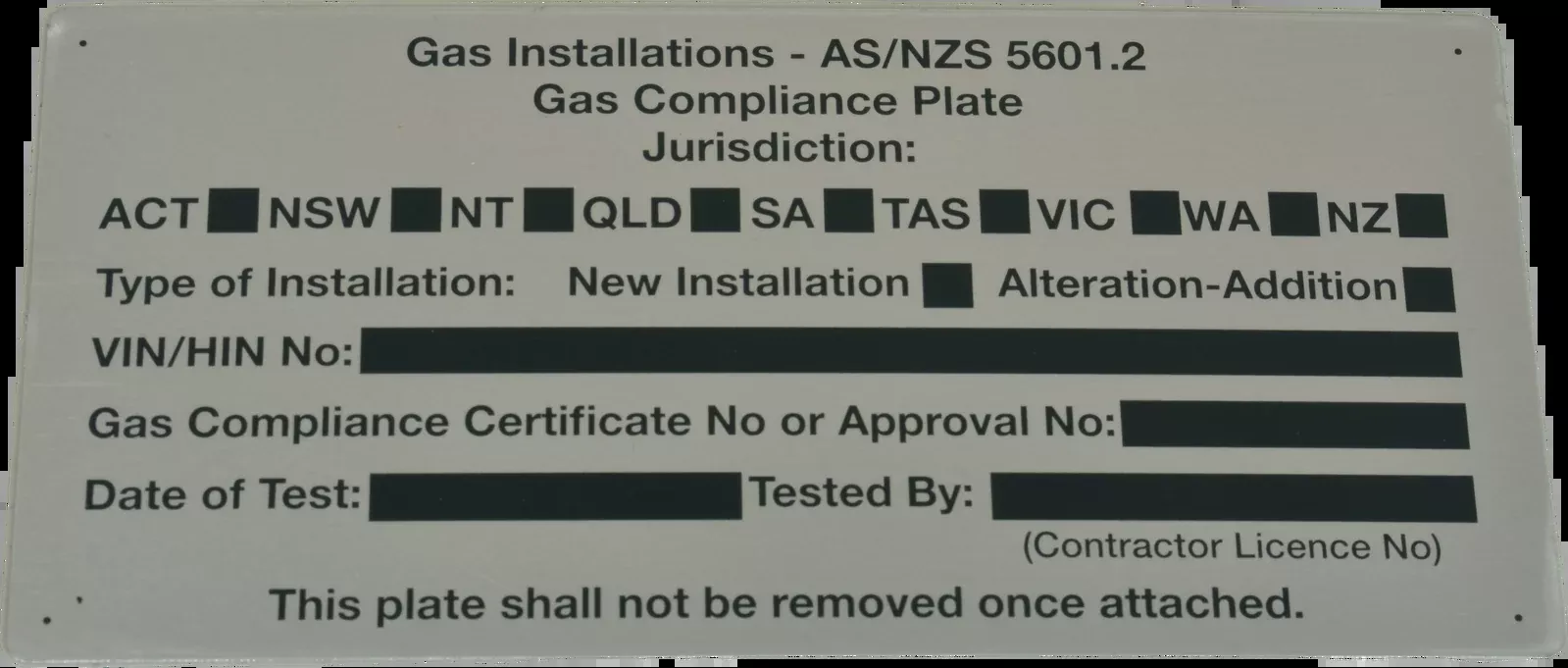 LPG Compliance Plate AS/NZS 5601.2
