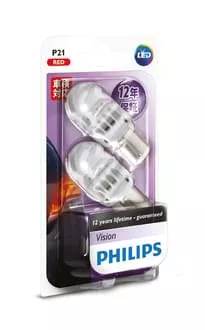 Philips LED Globe 12V P21 Red Stop Light 78lm BA15S Base Vision LED (Pair)