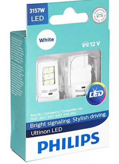 Philips LED Globe 12V P27/7 / S-8 6000K White Stop/Tail 150/45lm 3157ULW US Applications Ultinon LED (Pair)