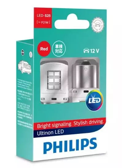 Philips LED Globe 12V S25 / P21 Red Stop Light 80lm BA15S Base Ultinon LED (Pair)