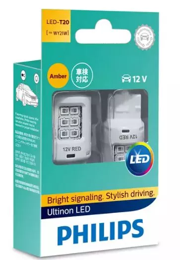 Philips LED Globe 12V T20 / WY21 Amber Indicator 22lm WX3x16D Base Ultinon (Pair)