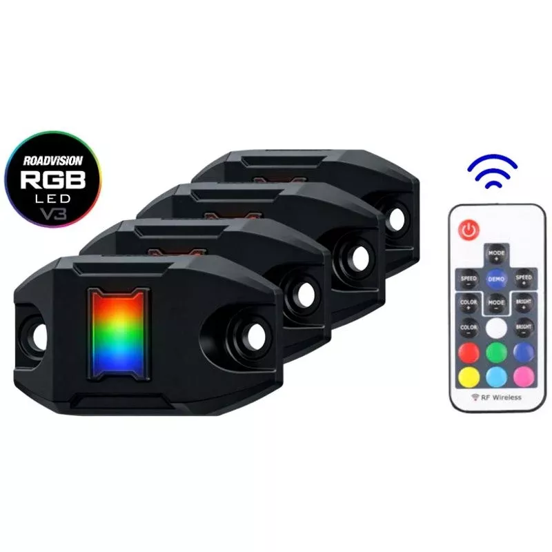 Roadvision LED Rock Light Kit V3 RGB 4 Way with RF Remote Control Upgradable to 8 lights