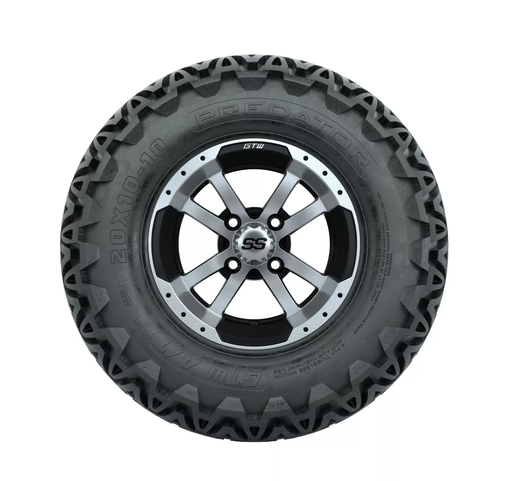 Set of 4 GTW 10in Storm Trooper Black and Machined Wheels with 20in Predator A-T Tires