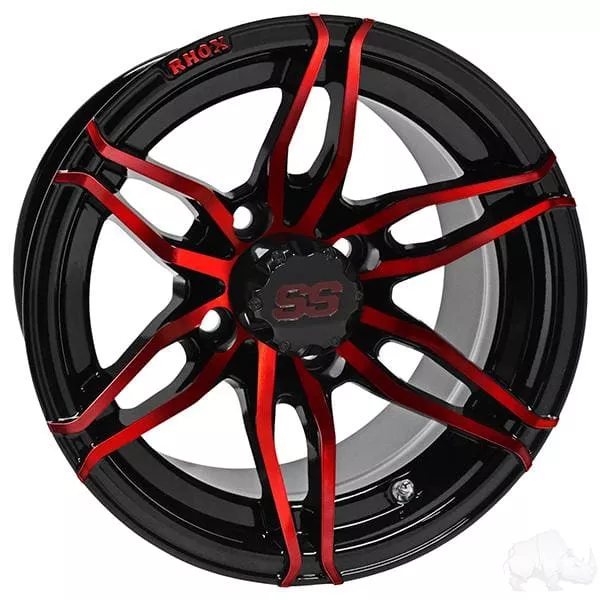 Set of (4) RHOX RX377 12" Black with Red Golf Cart Wheels - Choose Tire Combo