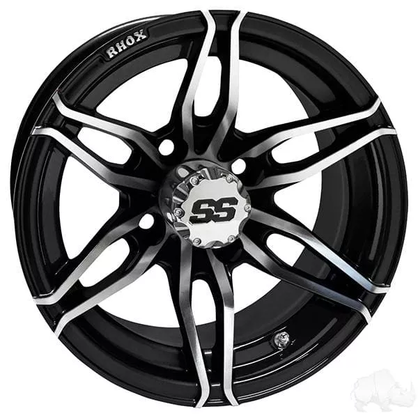 Set of (4) RHOX RX377 12" Machined Black Golf Cart Wheels - Choose Tire Combo