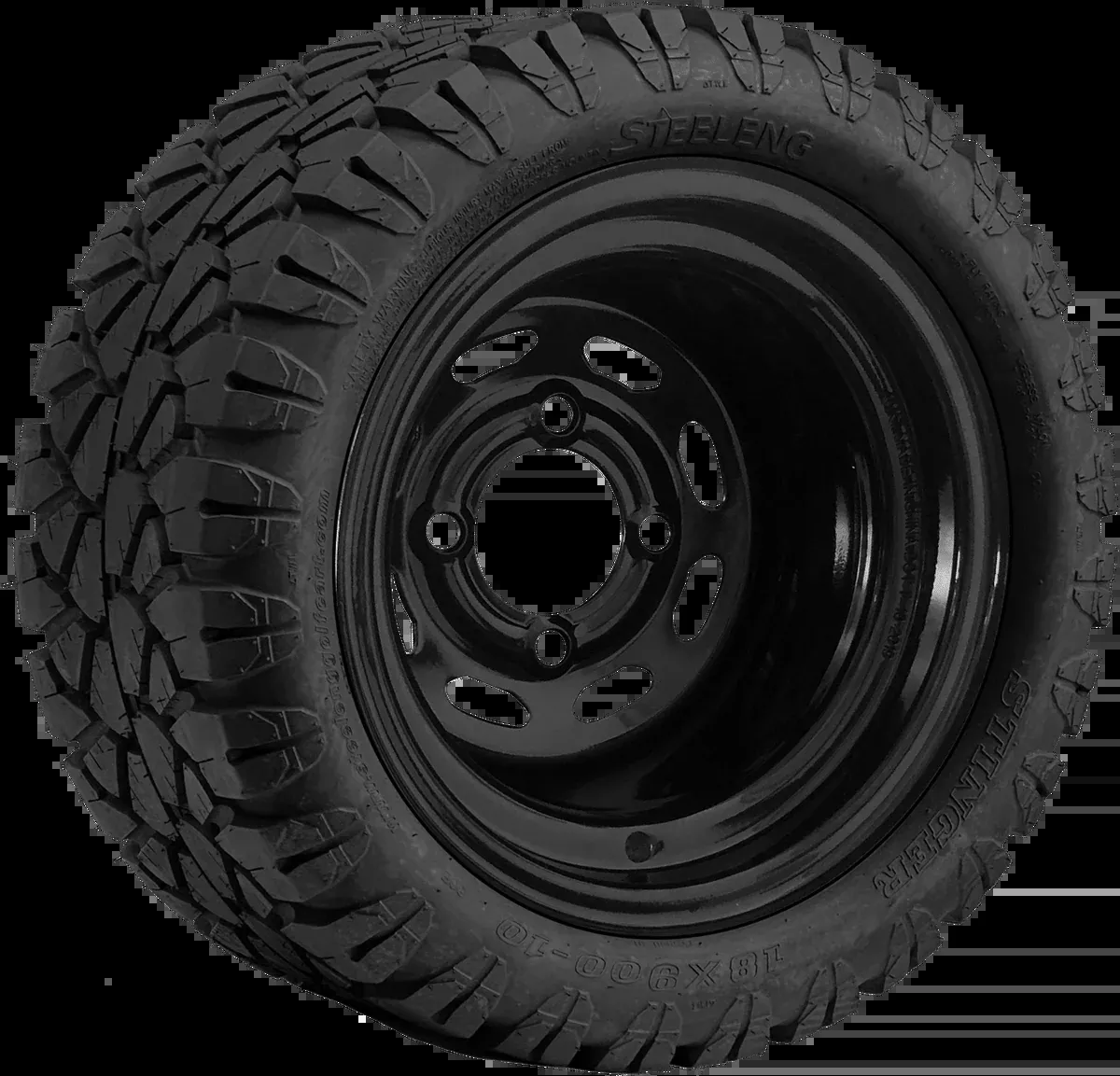 SGC 10″ Steel Wheel – Black – Slotted / STEELENG 18″x9″-10″ STINGER Hybrid AT Tire DOT approved (SET of 4)