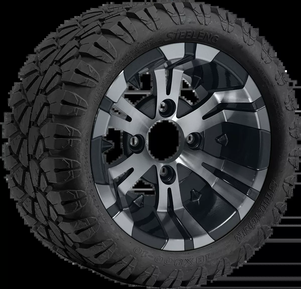 SGC 10″ Vampire Machined/Gunmetal Wheel – Aluminum Alloy / STEELENG 18″x9″-10″ STINGER All Terrain Tire DOT approved (SET of 4)
