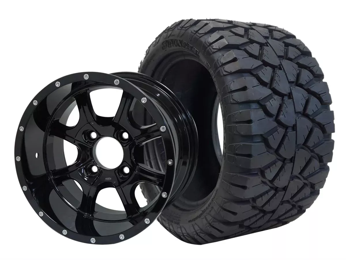 SGC 12″ Night Stalker Glossy Black Wheel – Aluminum Alloy / STEELENG 20″x10″-12″ STINGER All Terrain Tire DOT approved (SET of 4)