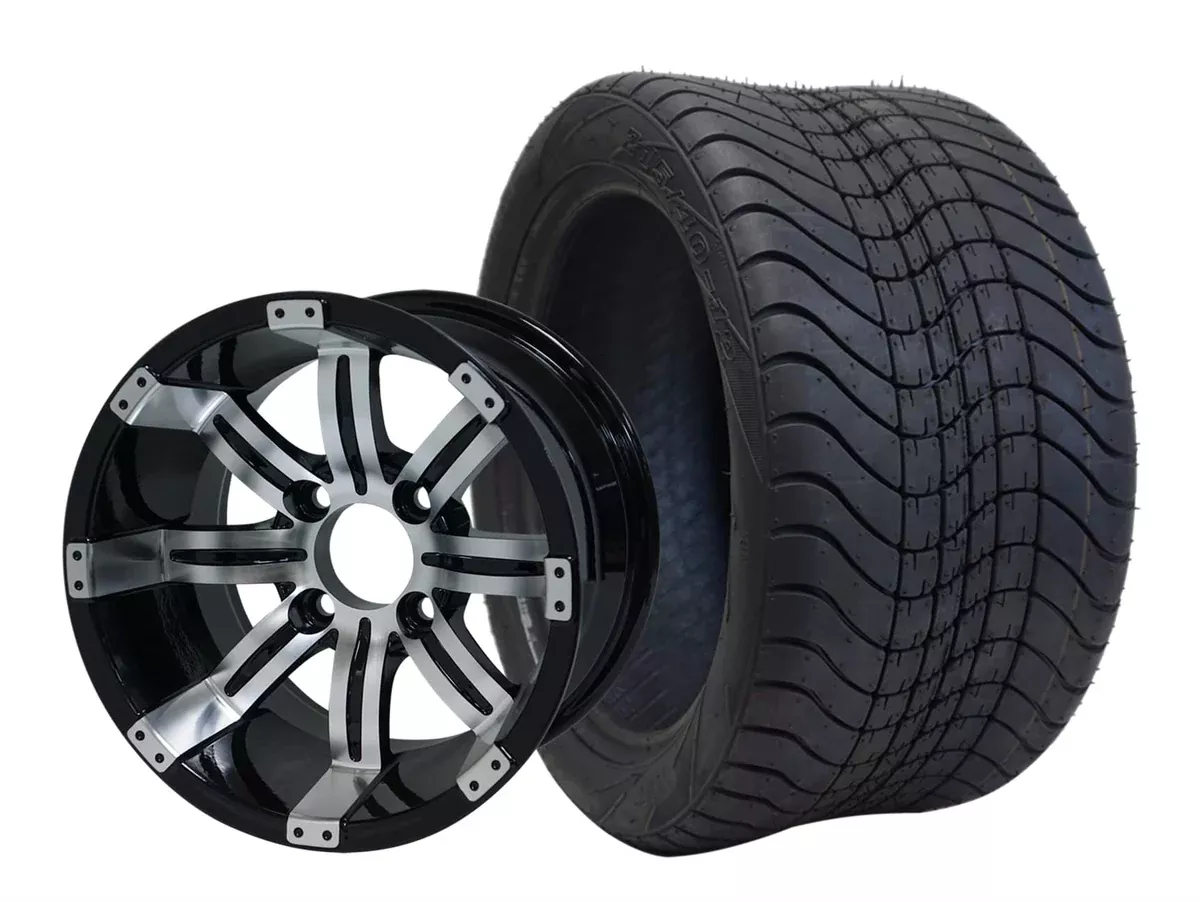 SGC 12″ Tempest Machined Black Wheel – Aluminum Alloy / STEELENG 215/40-12 Low Profile Tire DOT Approved (SET of 4)