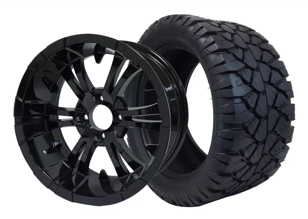 SGC 14″ Vampire Glossy Black Wheel – Aluminum Alloy / STEELENG 23″x10.5″-14″ STINGER Hybrid AT Tire DOT approved (SET of 4)