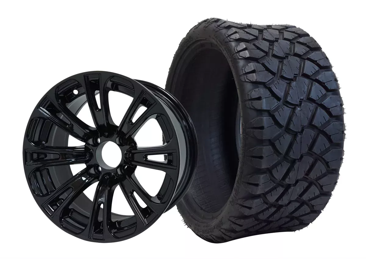 SGC 14″ Voodoo Glossy Black Wheel – Aluminum Alloy / STEELENG 20″x8.5″-14″ STINGER Hybrid AT Tire DOT approved (SET of 4)