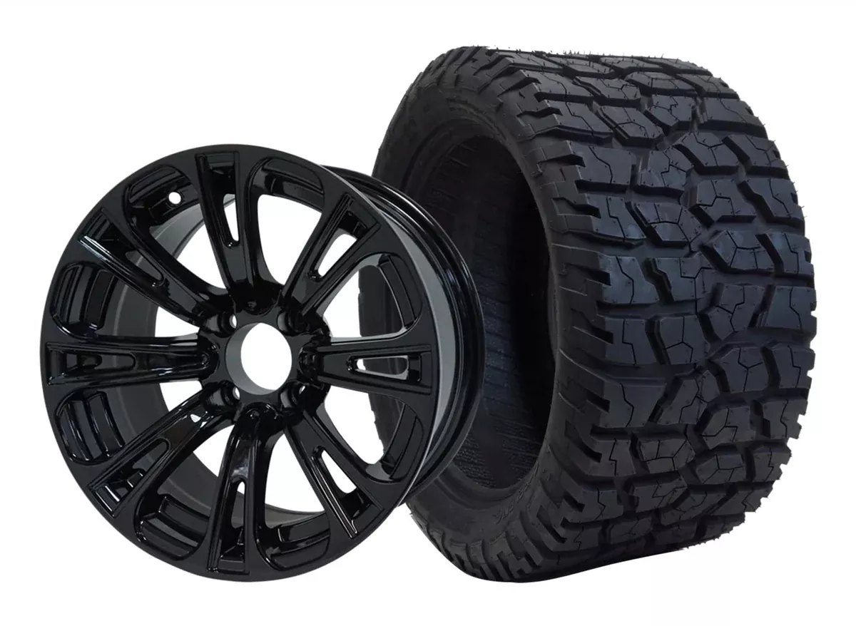 SGC 14″ Voodoo Glossy Black Wheel – Aluminum Alloy / STEELENG 22″x10.5″-14″ GATOR Hybrid AT Tire DOT approved (SET of 4)